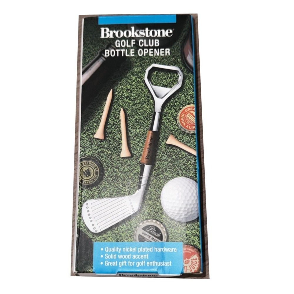 Brookstone Golf Club Bottle Opener Nickel Plated Wood Accent‎ Bar Tool Gift New